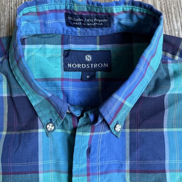 2/$18 SALE! Nordstrom‎ Button Up Shirt Mens Medium Blue Plaid Preppy Old Money - Picture 4 of 8